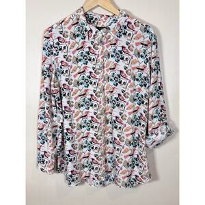 Talbots Womens Button Up Shirt Blouse Birds Rayon Lightweight Coastal Whimsy XL